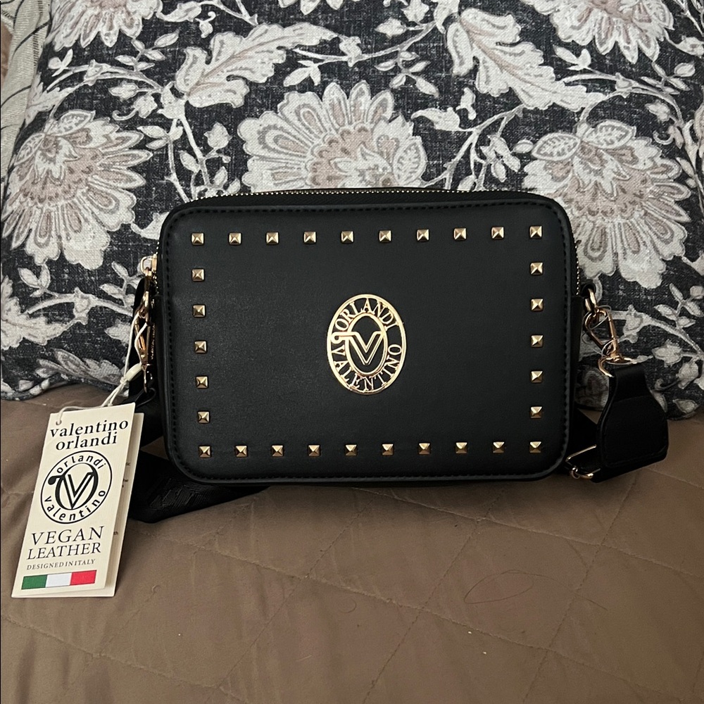 Valentino Orlandi Black Crossbody Bag with Gold Studs